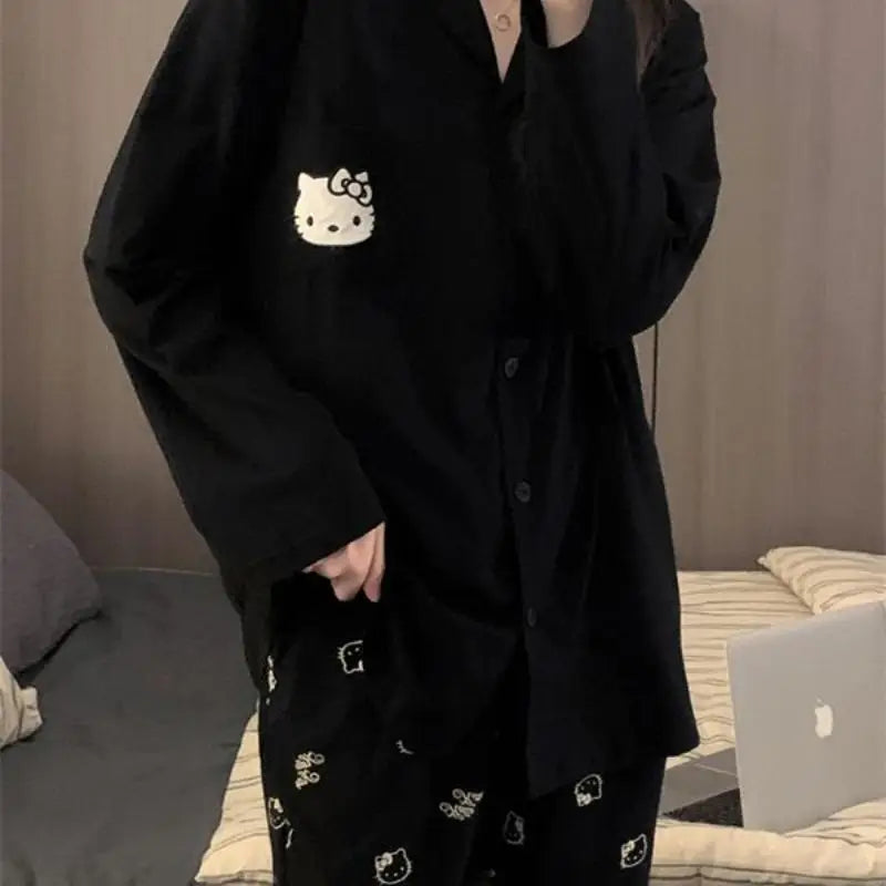 Sanrio Cardigan Leisure Time V-Neck Pajama Set Kawaii Hello Kitty Comic Lovely Spring and Autumn Student Leisure Wear Fashion