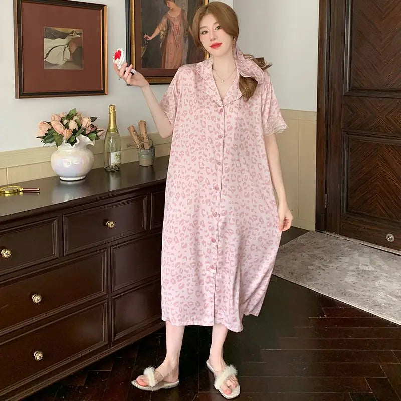 Summer Women's Pink Leopard Print Ice Silk Nightgown