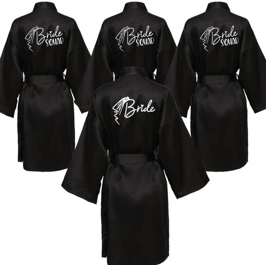 Wedding Party Team Bride Robe With Black Letters Kimono Satin Pajamas Bridesmaid Bathrobe SP036