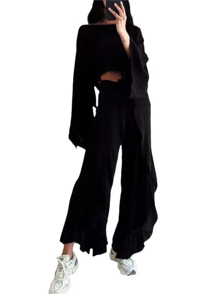 Spring Summer New Pants Sets Women Fashion Loose Cropped Top And Leace-up Slit Wide Leg Trousers Two Piece Set Trendy Streetwear