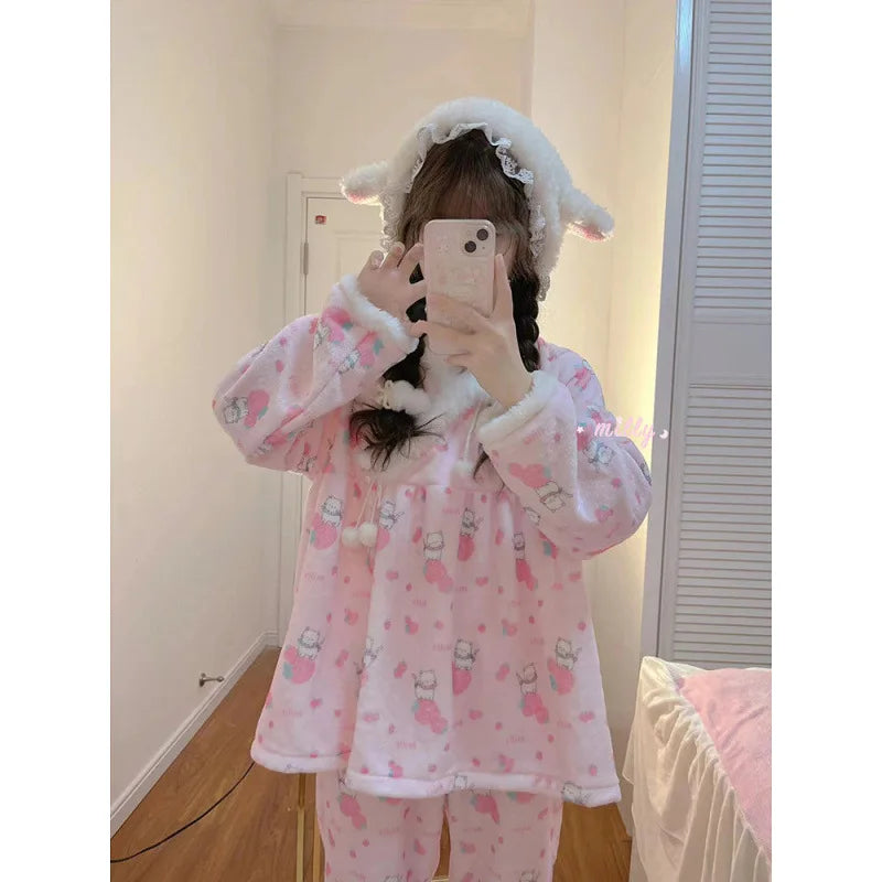 Kawaii hello kitty pajamas pajamas 2pcs girls long-sleeved tops Sanrio cute cartoon coral velvet casual home clothes warm suit