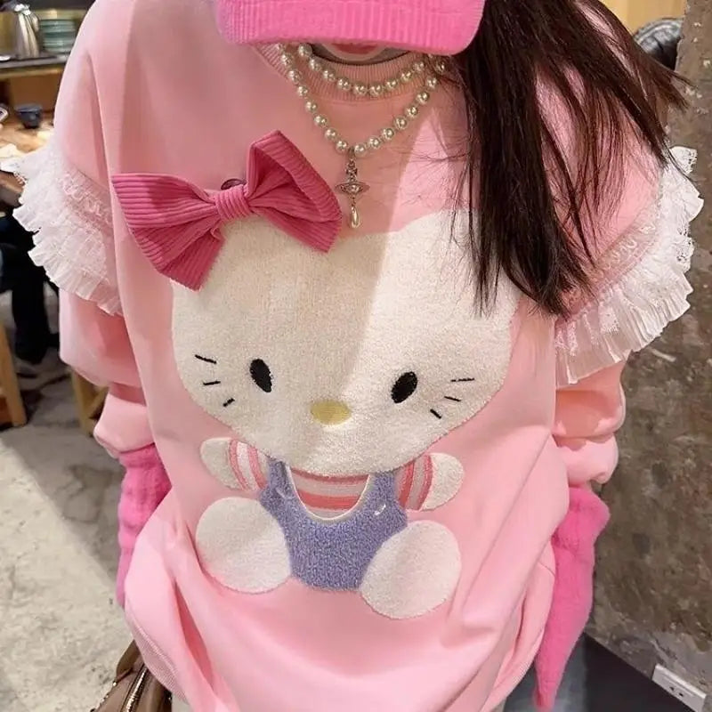 Kawaii Hellokitty Loose Sweatshirt Sweet Lace Sweater Sweet Girl Sweater Three-Dimensional Cartoon Patch Plus Velvet Casual Wear