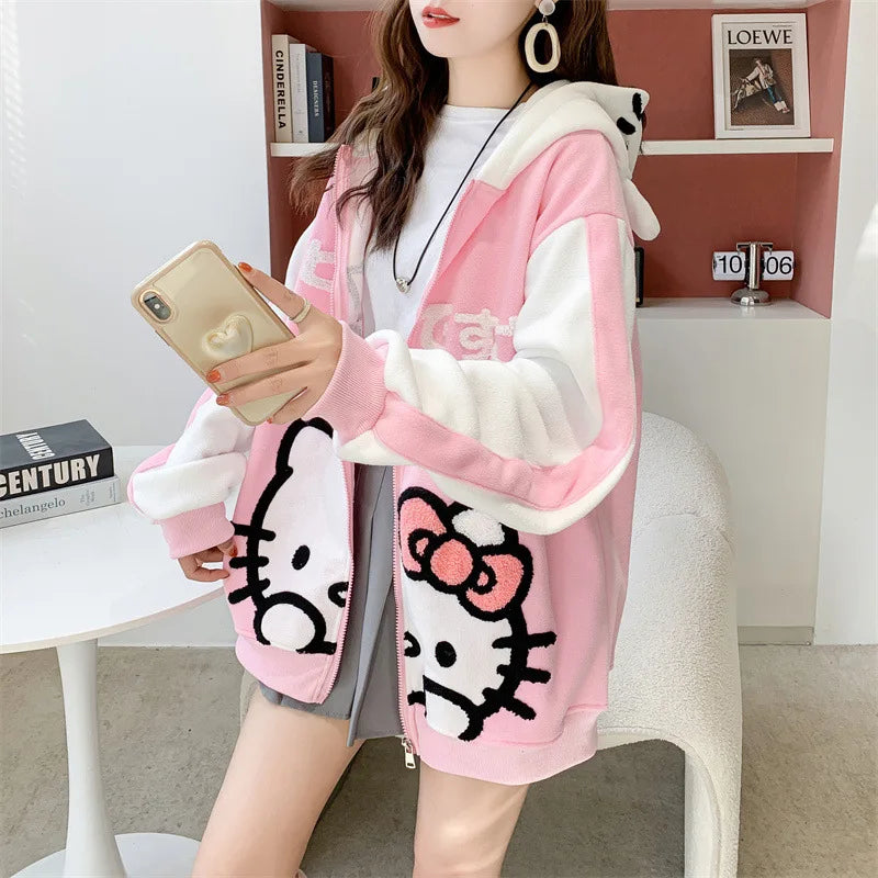 Hot Kawaii Sanrio Hellokitty Hooded Zipper Cardigan Girls Sweatshirt Autumn Winter Thickened Warm Cute Cartoon Loose Casual Tops