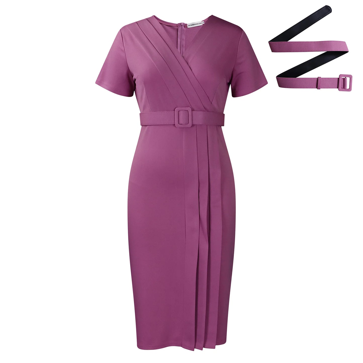 2024 Elegant Office Women's Professional Commuting Dress Short Sleeved V-Neck Waistband Solid Color Commuting Pencil Dress