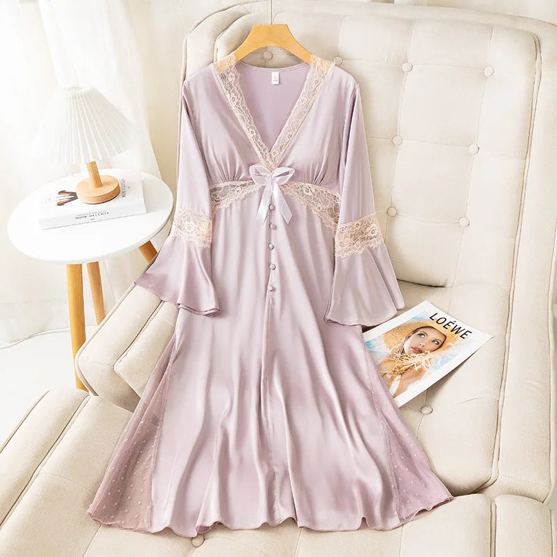 Vintage Lady Girls Nightdress V-Neck Nightgown Princess Dress Sleepshirts Royal Style Sleepwear Satin Home Dresses Loungewear