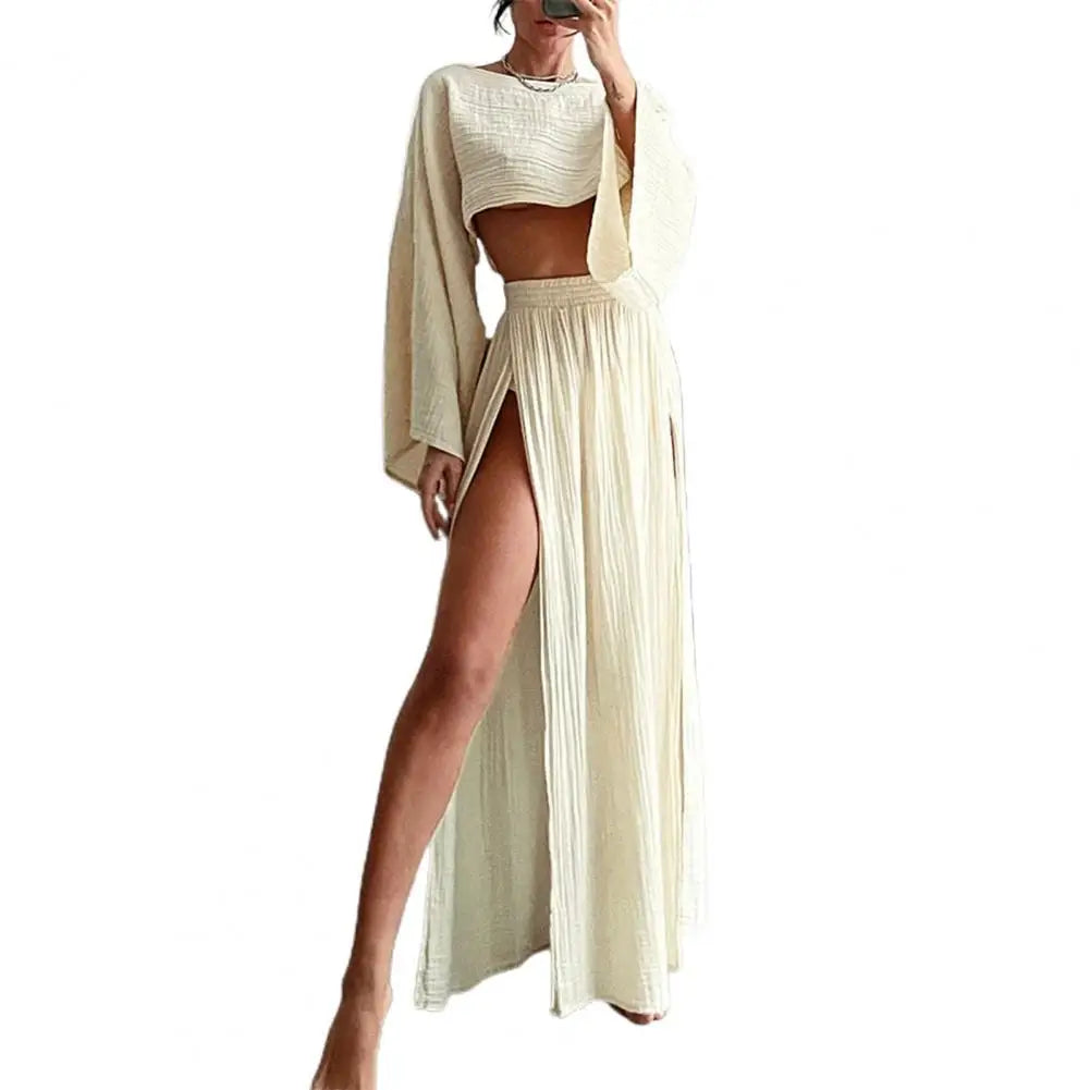 Women Crop Top Skirt Set Long Sleeve Slant Neck Short Top High Waist Split Skirt Beach Bikini Coverup Club Party Top Skirts Set