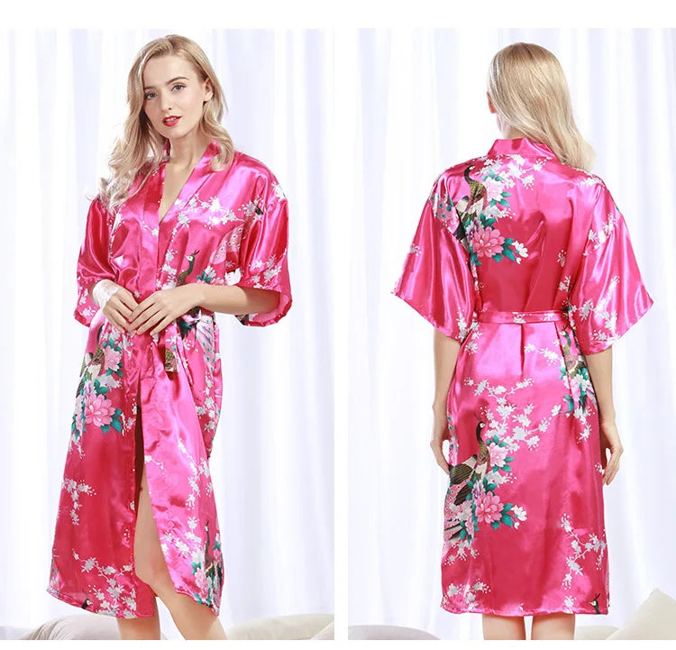 Womens Silk Satin Kimono Robes Long Sleepwear Dressing Gown Floral Peacock Printed Pattern Party Wedding Bridesmaid Bathrobe