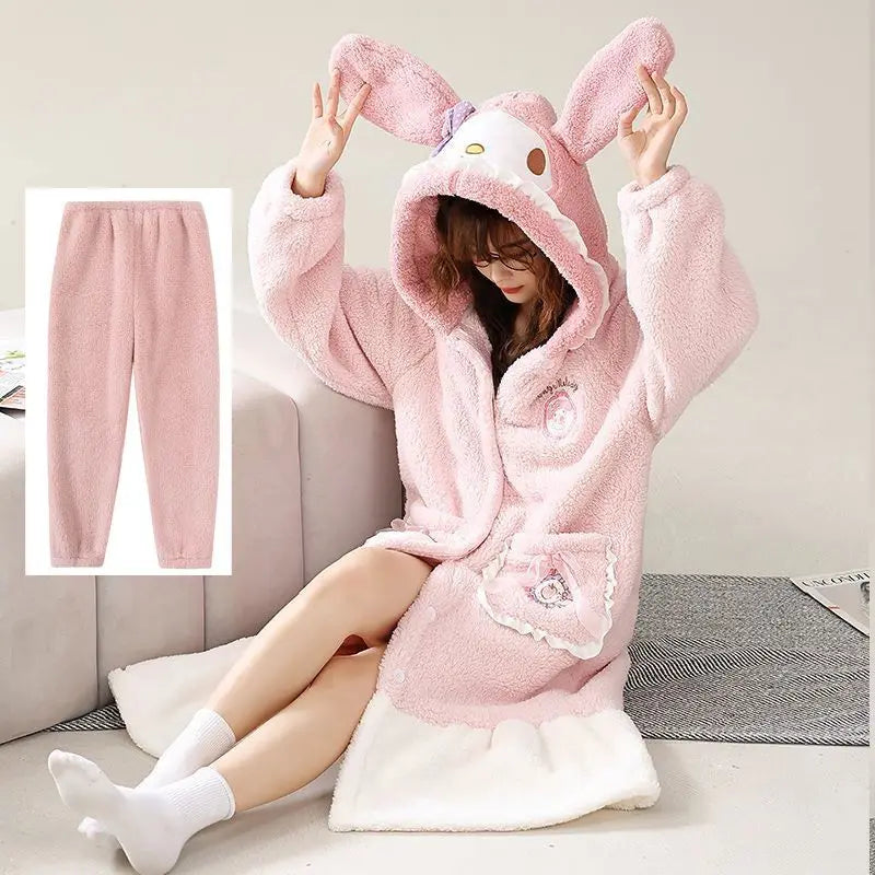 Kawaii Hello Kitty Hooded Pajamas Pajamas Girls Autumn Winter Long-Sleeved Tops Sanrio Thickened Bathrobe Casual Home Wear Set