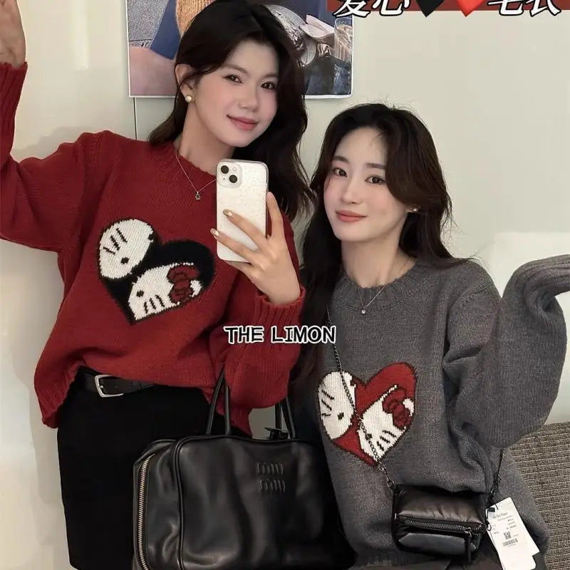 Hot Kawaii Hello Kitty Round Neck Long-Sleeved Sweater Sanrio Sweet Girl Bottoming Shirt Loose Couple Casual Inner Sweater Tops