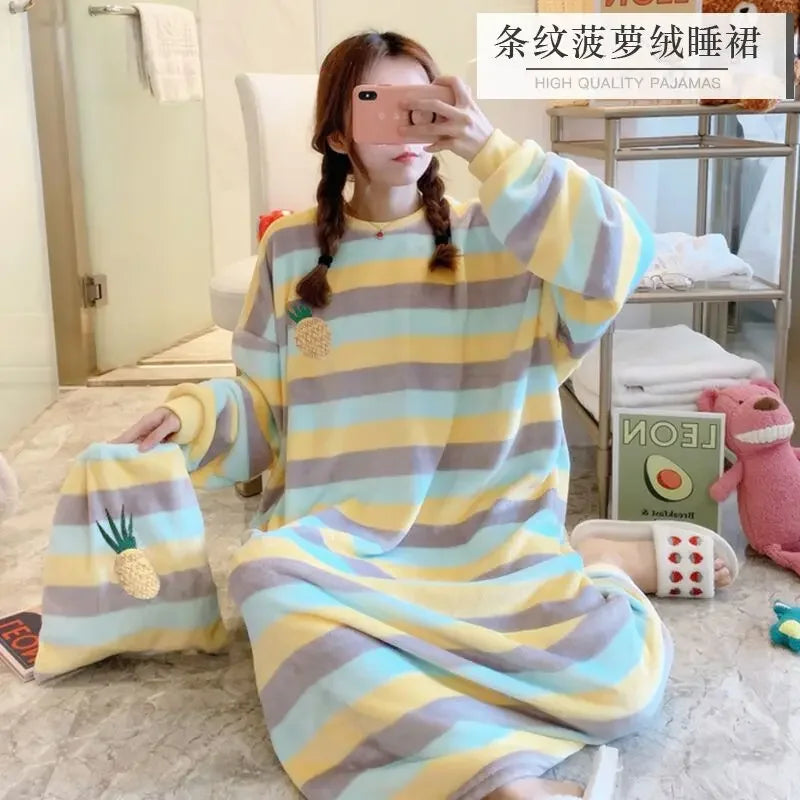 100kg Large Size Winter Flannel Nightgown Women Korean Student Cartoon Coral Velvet Sleepwear Long Sleeve Thick Warm Home Dress