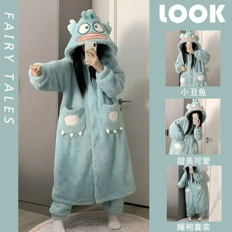 Hot Kawaii My Melody Cartoon Pajamas Girls Pajamas Pants Hangyodon Nightgown Thickened Hooded Home Clothes Casual All-Match Suit