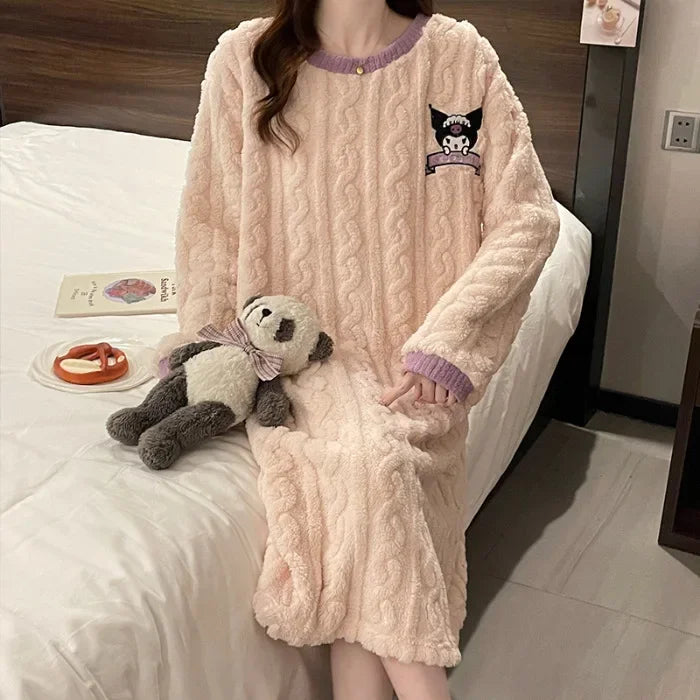 Plus Size Women Winter Nightdress Cartoon Coral Fleece Warm Nightgown Sweet Pajamas Soft Flannel Velvet Home Clothes Sleepdress