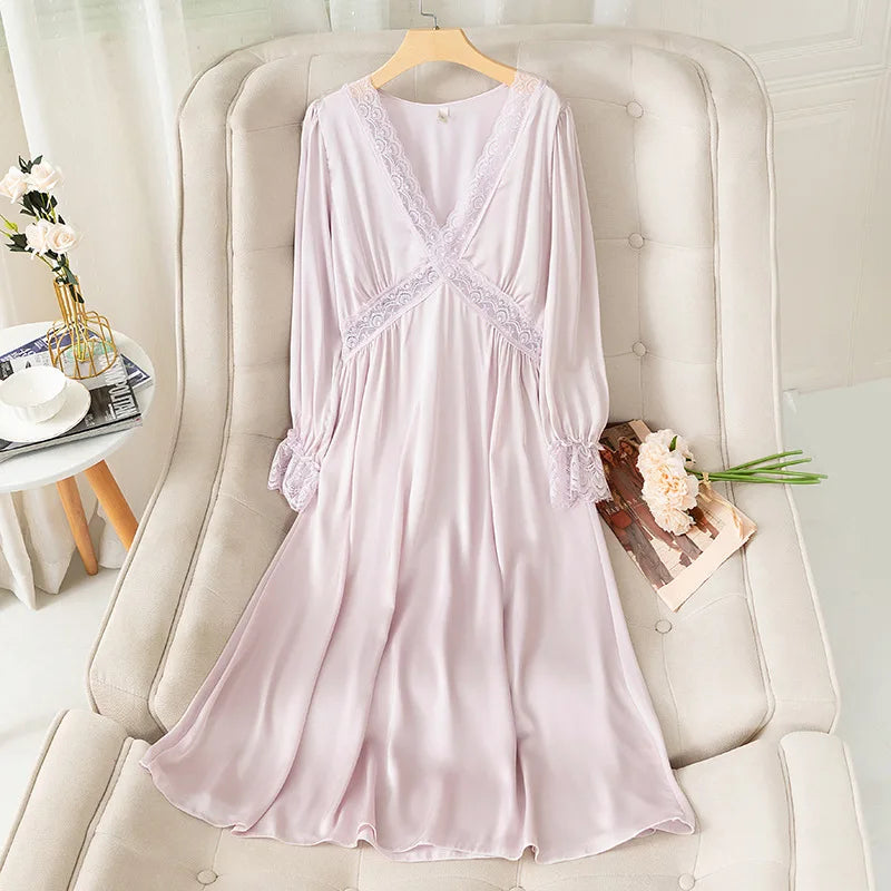 Vintage Lady Girls Nightdress V-Neck Nightgown Princess Dress Sleepshirts Royal Style Sleepwear Satin Home Dresses Loungewear