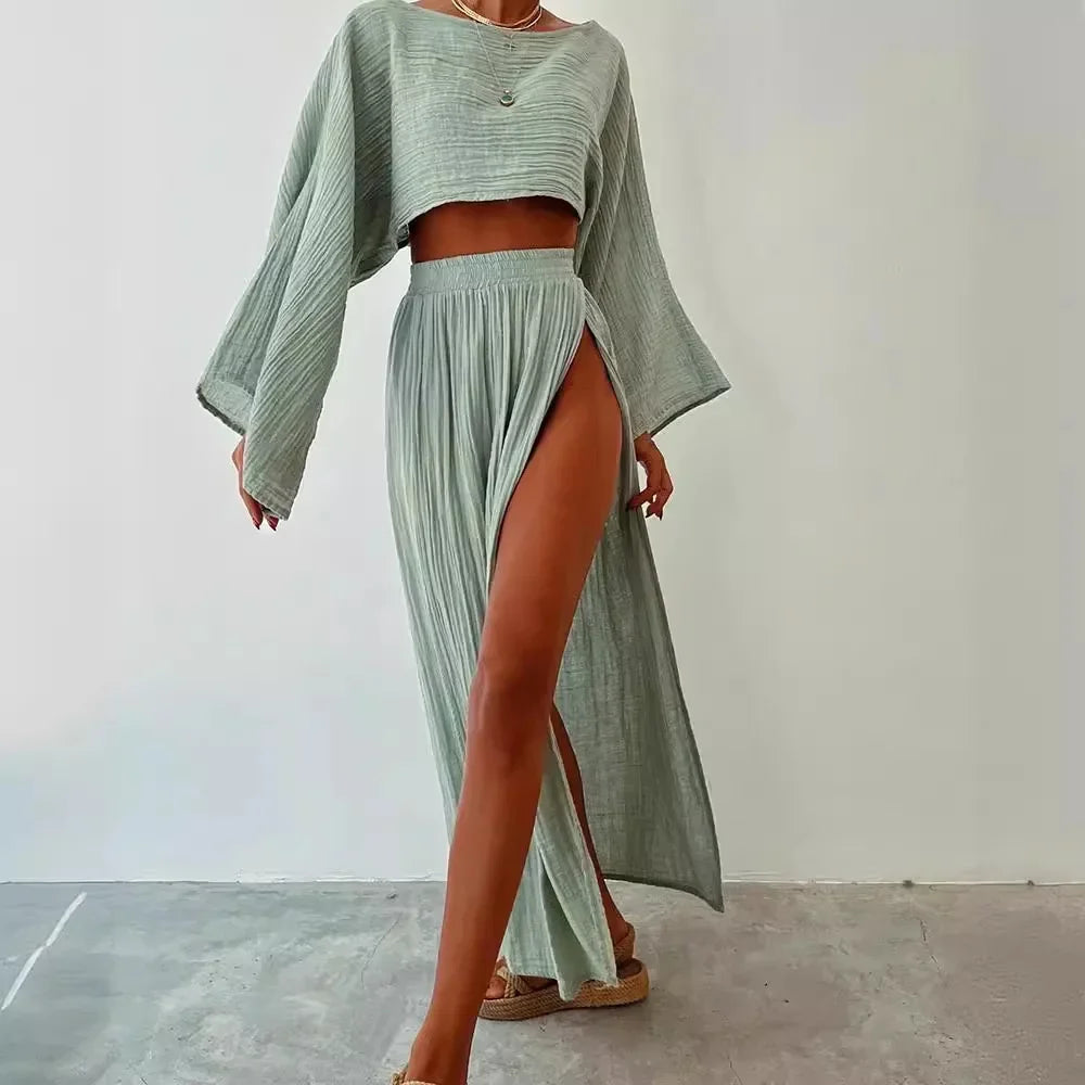 Casual Solid Cotton Linen 2 Piece Sets Spring O Neck Crop Top High Waist Slit Women Skirt Outfit Summer Flare Sleeve Hollow Suit