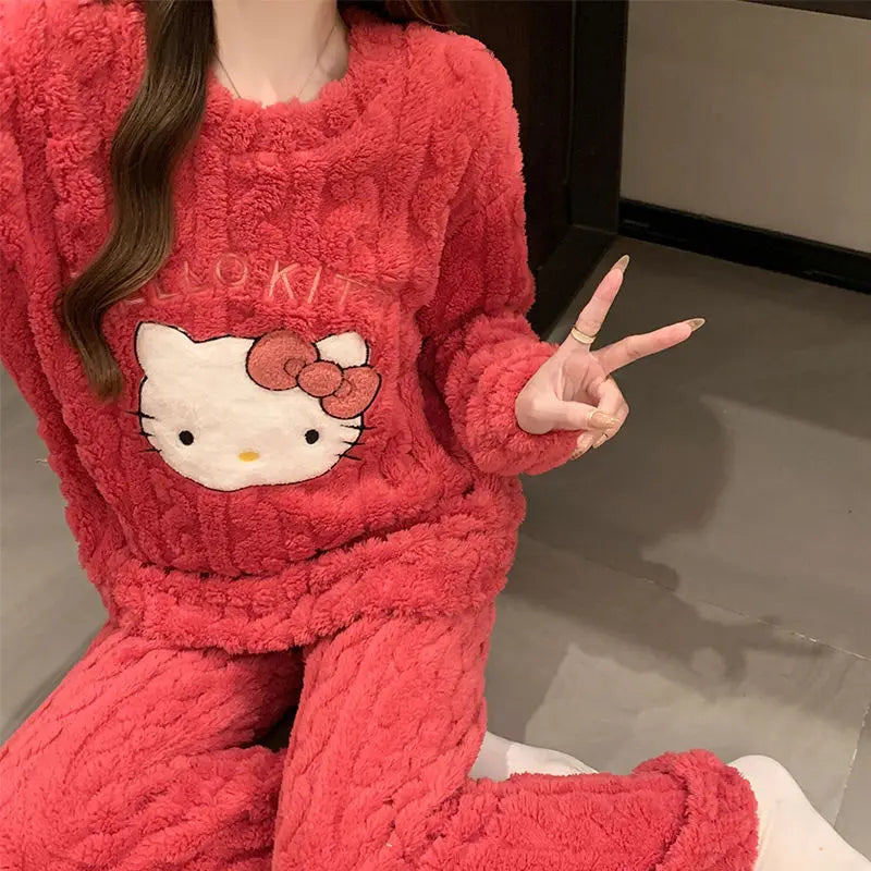 Hello Kitty Coral Velvet Pajamas Girls Long-Sleeved Tops Autumn Winter Velvet Thickened Pajamas Warm Student Pants Home Clothes