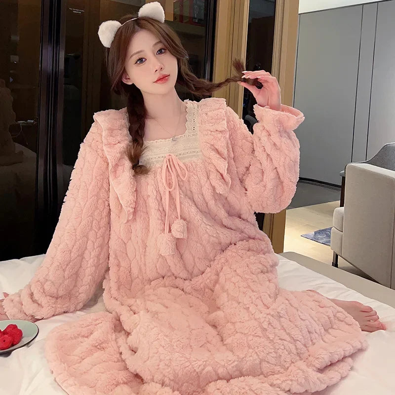 5XL Plus Size Women Winter Nightgown Sweet Coral Velvet Long Sleepwear Warm Home Clothes Fleece-Lined Thickened Robe Sleep Dress