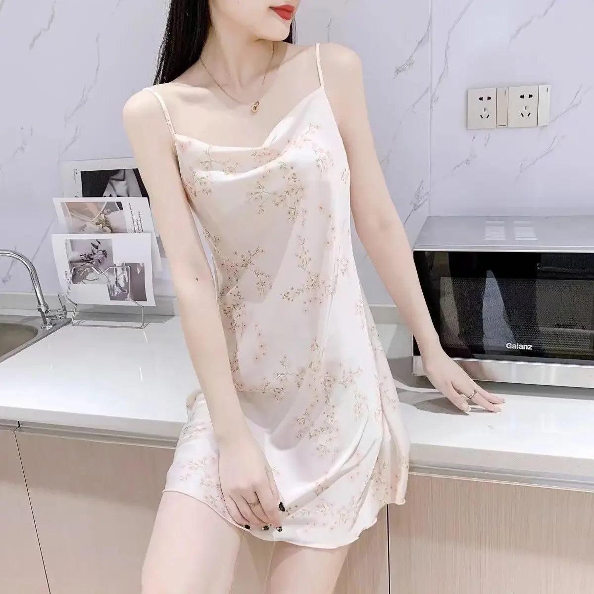 Spaghetti Strap Nightgowns Women Summer Print Sexy Sleepwear Breathable Daily Simple Ulzzang Fashion Soft Nighty for Ladies Chic