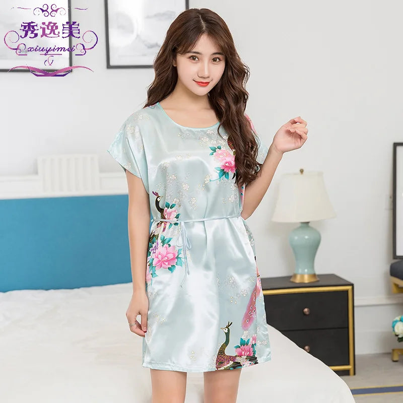 Night Skirt Female Summer Korean Student Cute Dress Plus Size Home Service Feminine Women's Ice Silk Pajamas Can Be Worn Outside