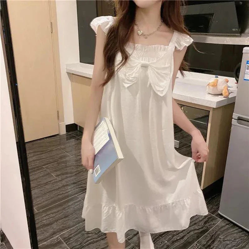 White Night Dress Women Korean Style Ruffles Pajamas Long Sleeve Solid Night Wears for Women Loose Nightgown for Sleep Ladies