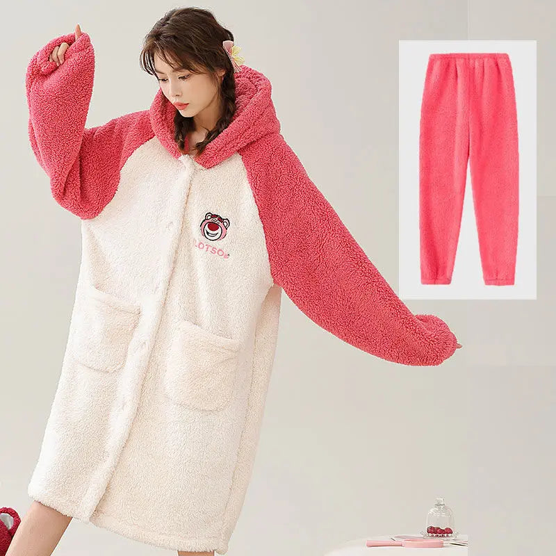 Kawaii Hello Kitty Hooded Pajamas Pajamas Girls Autumn Winter Long-Sleeved Tops Sanrio Thickened Bathrobe Casual Home Wear Set