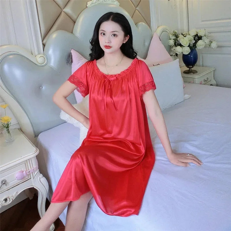 2024 Women Ice Silk Sleepwear Set Nightdress Homewear Nightwear Pyjamas Female Lace Sleepwear V-neck Nightgown 40kg-100kg