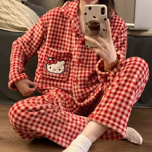 Kawaii Hellokitty Pajamas Girls Tops Autumn and Winter Coral Velvet Pajamas Red Plaid Cartoon Pants Casual Wear Home Clothes Set