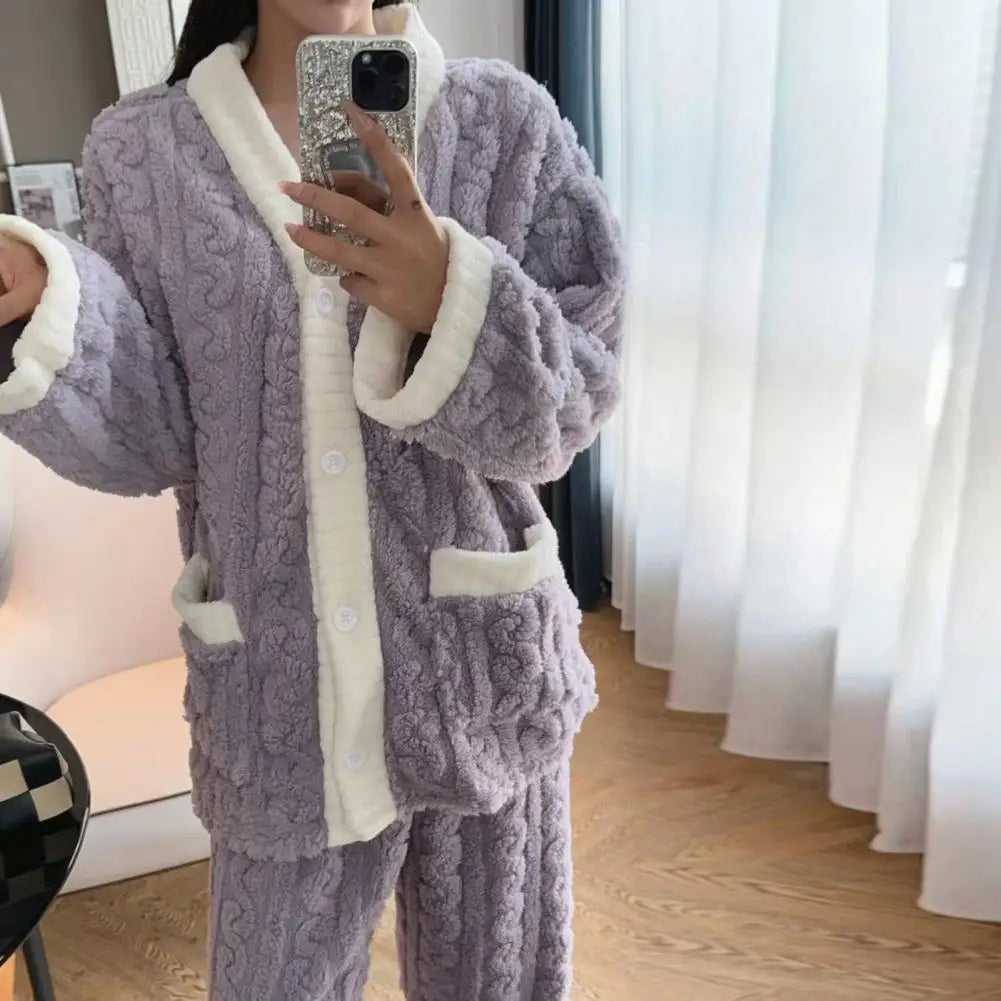 Warm Home Suit Cozy Winter Loungewear Set for Women Plush Thermal Pajamas with V-neck Long Sleeve Tops Wide Leg Pants Cute