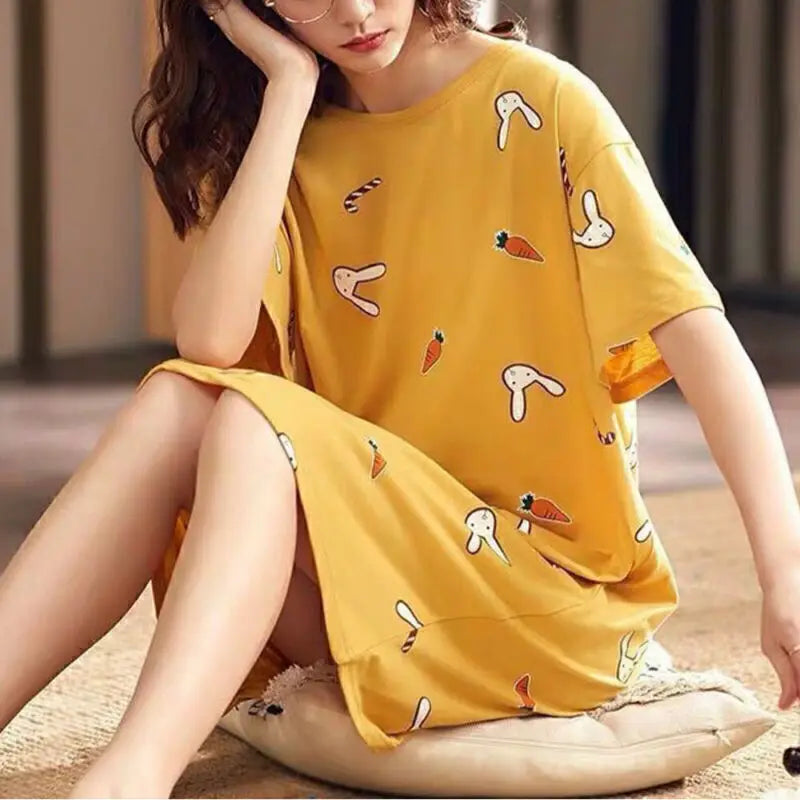 New Womens Nightshirt Night Dress Cartoon Sleepwear Ladies Short Sleeve Soft Comfortable Nightwear Print Pyjama Dress