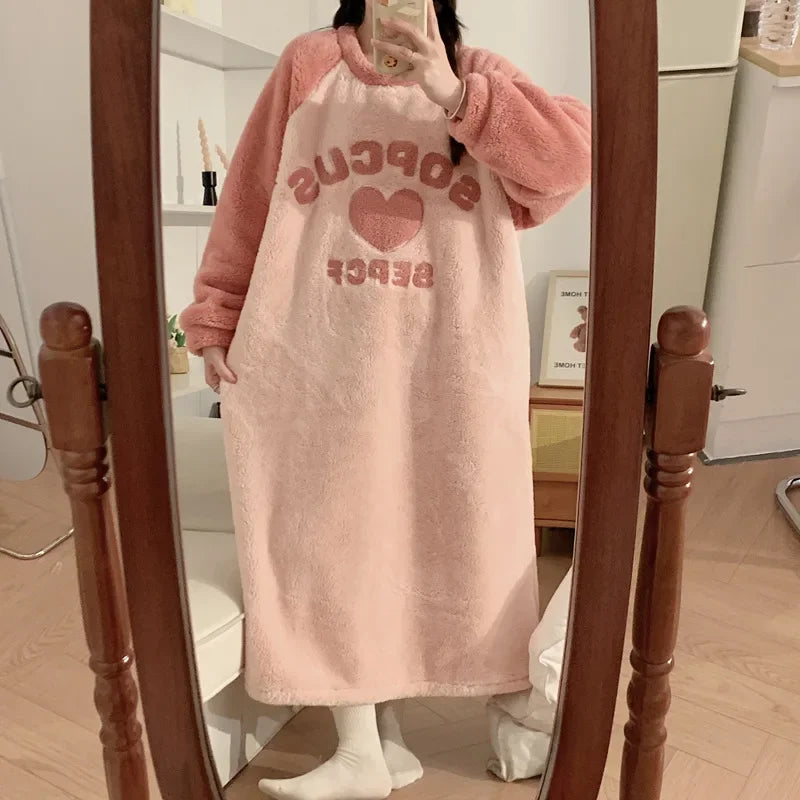 Large Size Coral Fleece Nightdress Women Winter Fleece-lined Thickened Pajamas Cartoon Flannel Home Clothe Can Be Worn Outsides