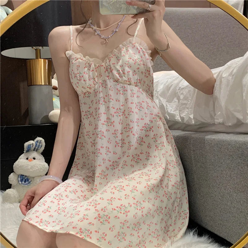 Summer Suspender Nightgown Floral Simple Pajamas Loose Women Plus Fat Mid-length Sweet Home Clothes for Women Ночная Рубашка