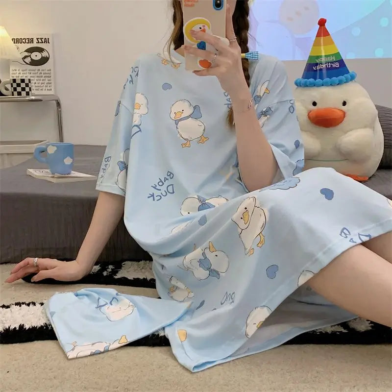 Plus Oversize Women Pajamas Dress Female Loose Cartoon Print Long Sleep Shirt Girls Thin Summer Home Clothing Can Be Wear Out