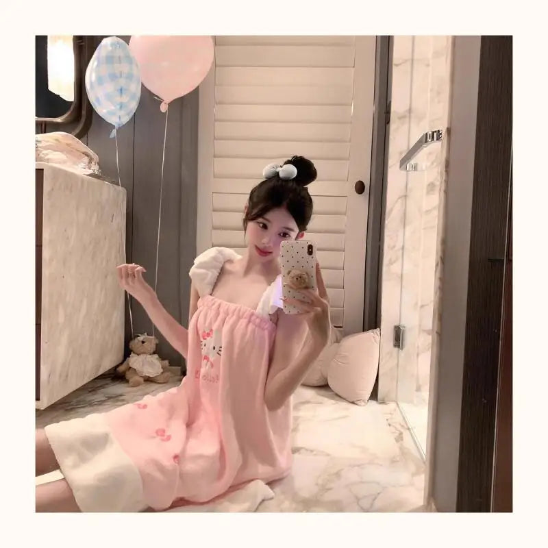 Ins Tagram Kawaii Hello Kitty Camisole Dress for Girls Cute and Sweet Shoulder Sleepwear Bath Towel Bathrobe Casual Home Wear ﻿