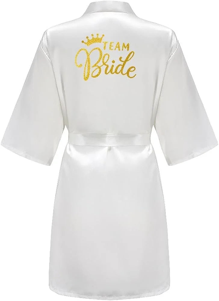 Bride Bridesmaid Wedding Robe Kimono Bathrobe Nightgown Satin Women Nightwear Sleepwear Gold Letter