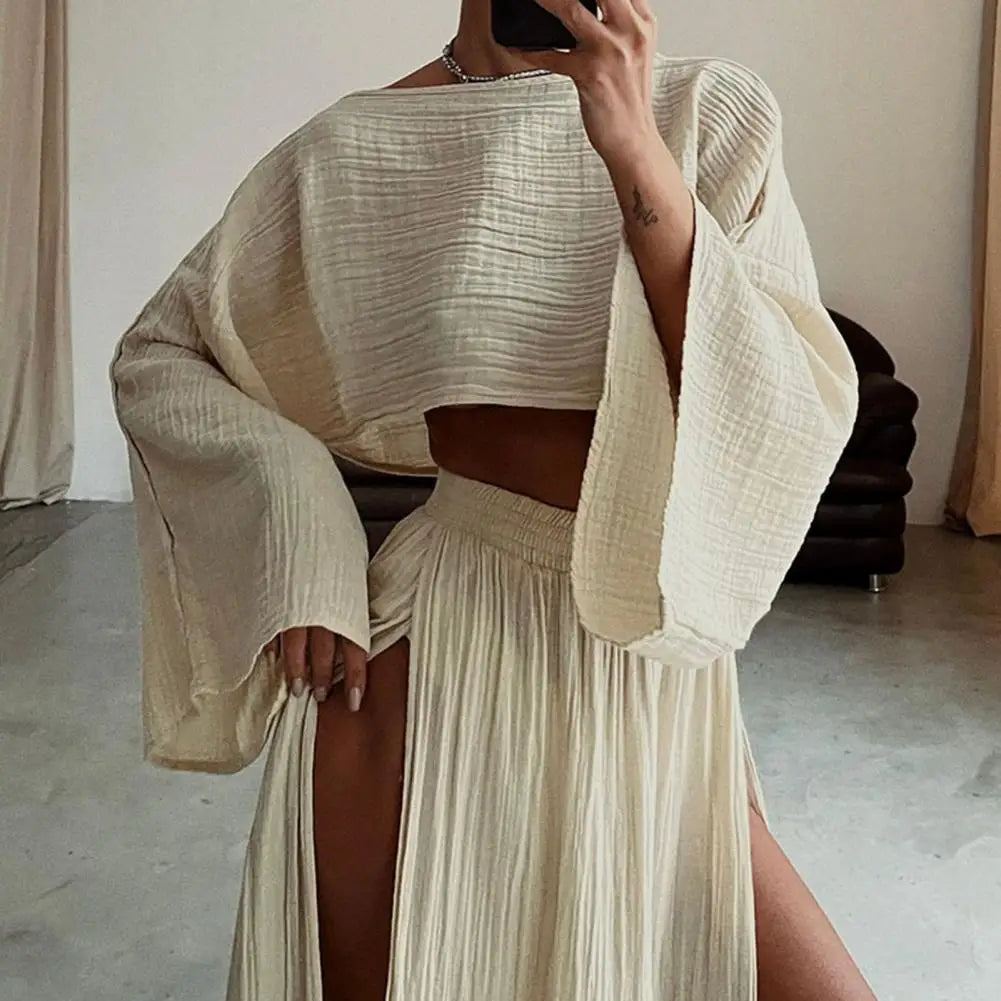 Women Crop Top Skirt Set Long Sleeve Slant Neck Short Top High Waist Split Skirt Beach Bikini Coverup Club Party Top Skirts Set