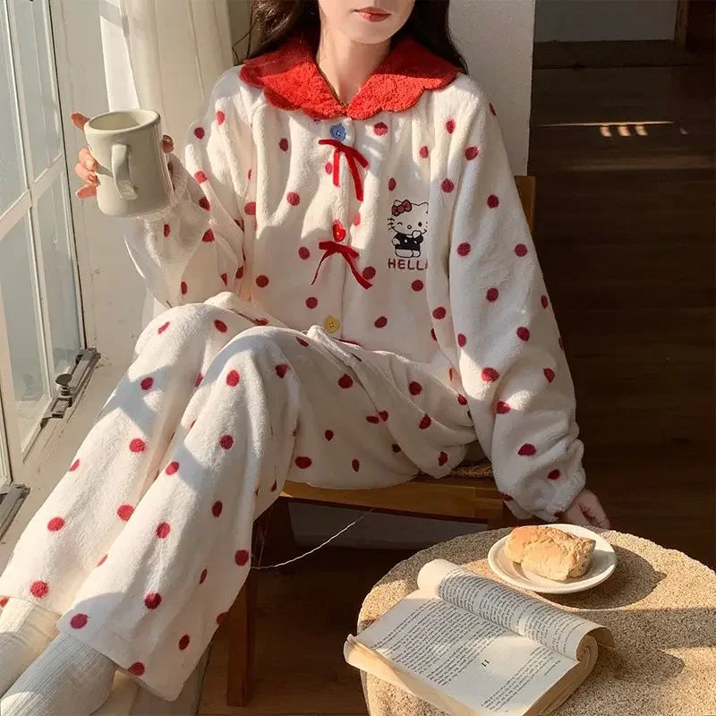 Hot Kawaii Hello Kitty Coral Velvet Pajamas Girls Pajamas Autumn Winter Thickened Cartoon Cute Tops Casual Wear Home Clothes Set