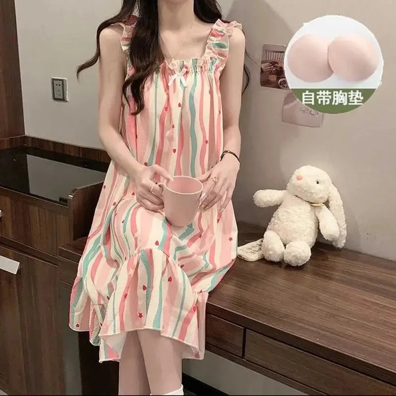 Plus Size Summer Suspender Nightdress with Chest Pad Korean Sleep Dress Loose Pajamas Outerwear Ruffle Thin Cartoon Loungewear