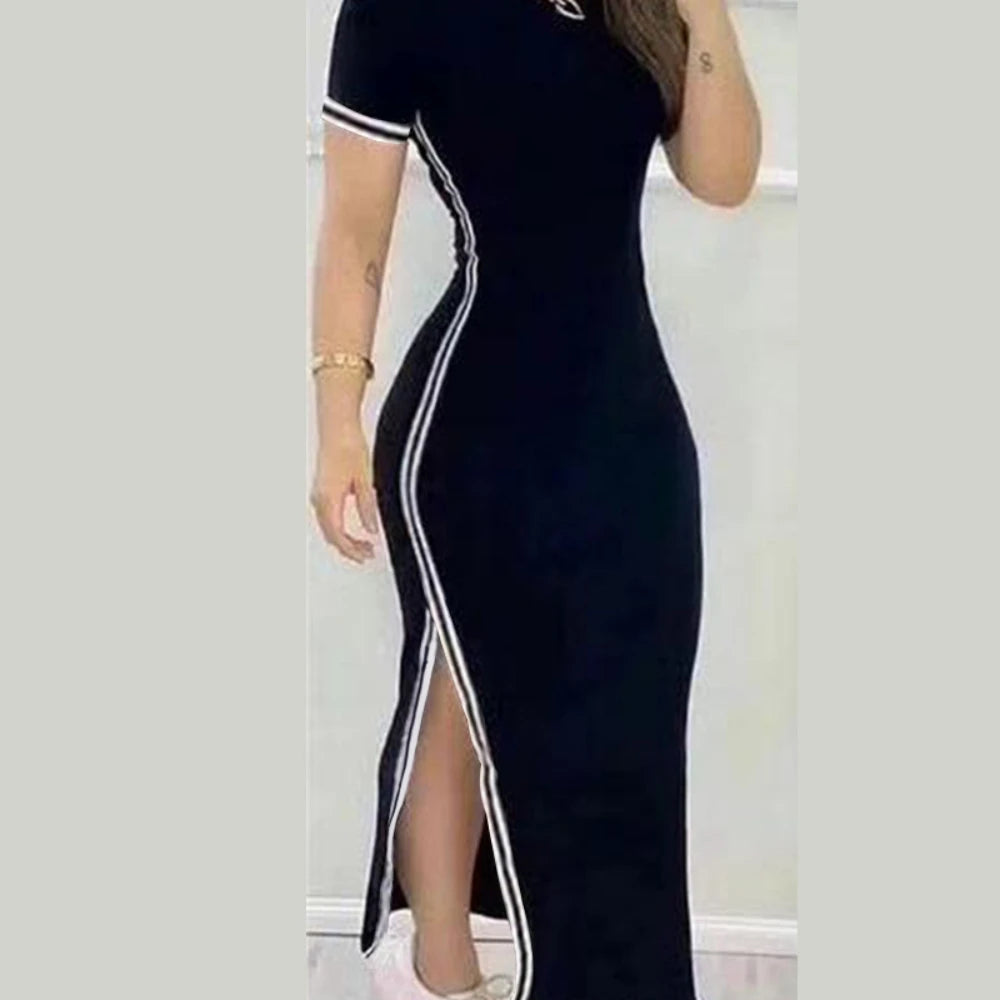 Women Sport Solid Dress Short Sleeved Round Neck Side Split Long Dresses Slim Fit High Waist Casual Ladies 2023 Autumn