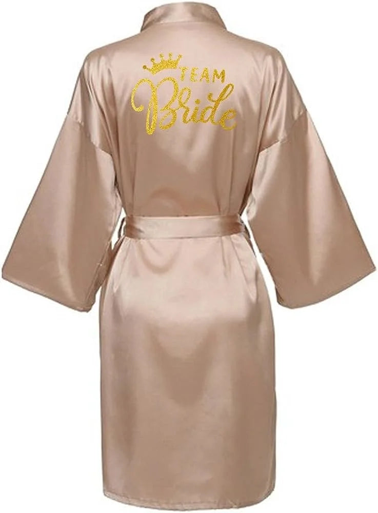 Bride Bridesmaid Wedding Robe Kimono Bathrobe Nightgown Satin Women Nightwear Sleepwear Gold Letter