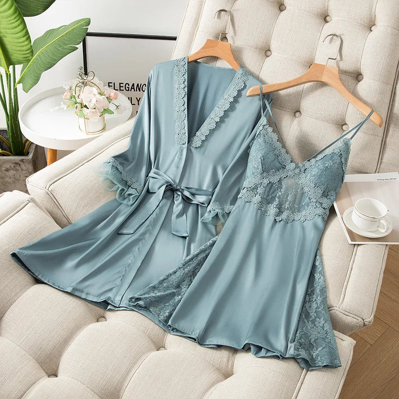 2PCS Kimono Robe Set Womens Satin Sleepwear Nightgown Sexy Casual Loungewear Home Wear Intimate Lingerie Lace Bathrobe Gown