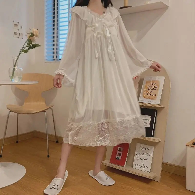 Sexy Lingerie Princess Style Woman Sweet Lace Sleepwear for Sleeping Loose Homewear Pijama White Night Dress Women Nightgowns