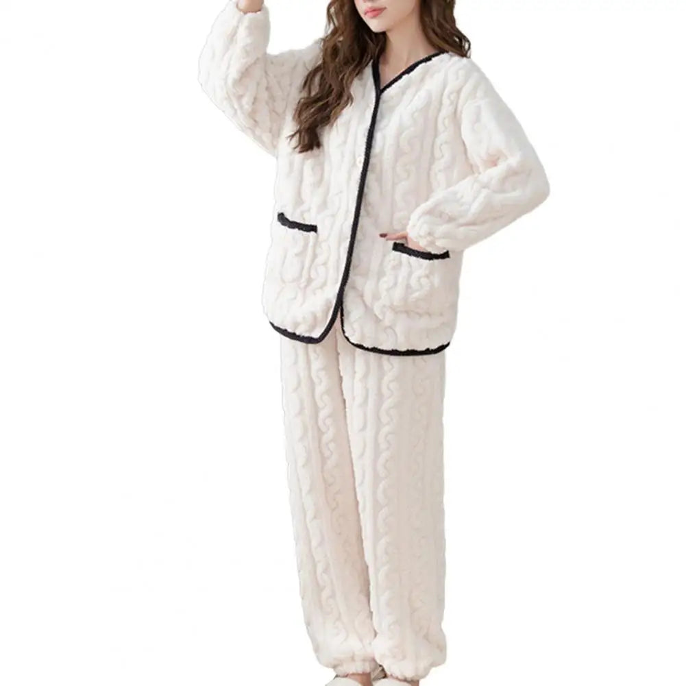 Sleepwear Women Pajamas Set Winter Fleece Velvet 2 Pieces Home Suit Sleep Fluffy Korean Warm Night Wear