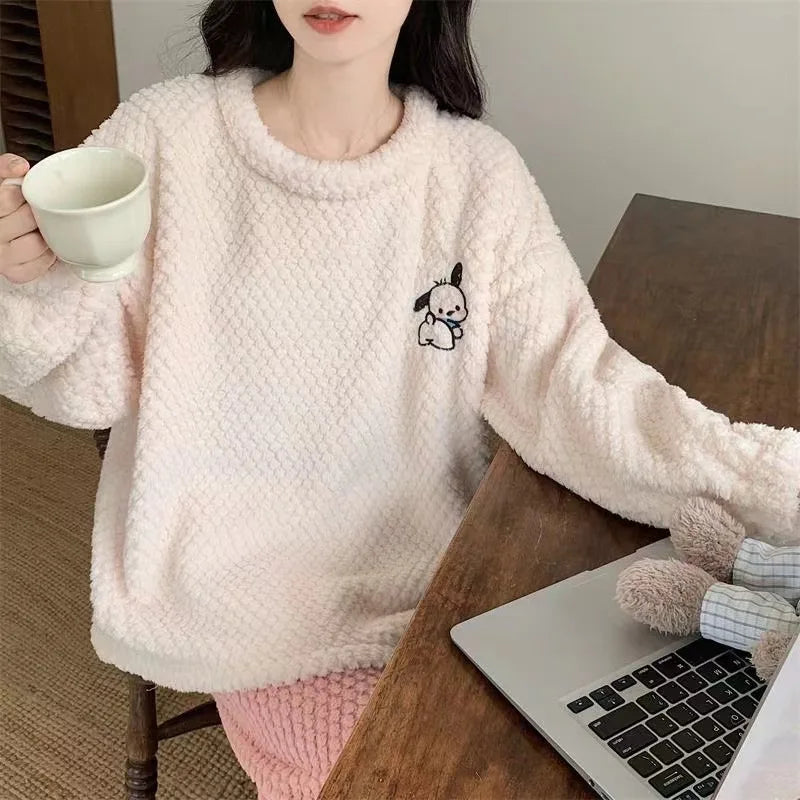 Hot Kawaii Pochacco Pajamas Pajamas Girls Tops Hello Kitty Round Neck Pullover Long Sleeve Trousers Sweet Warm Casual Home Wear