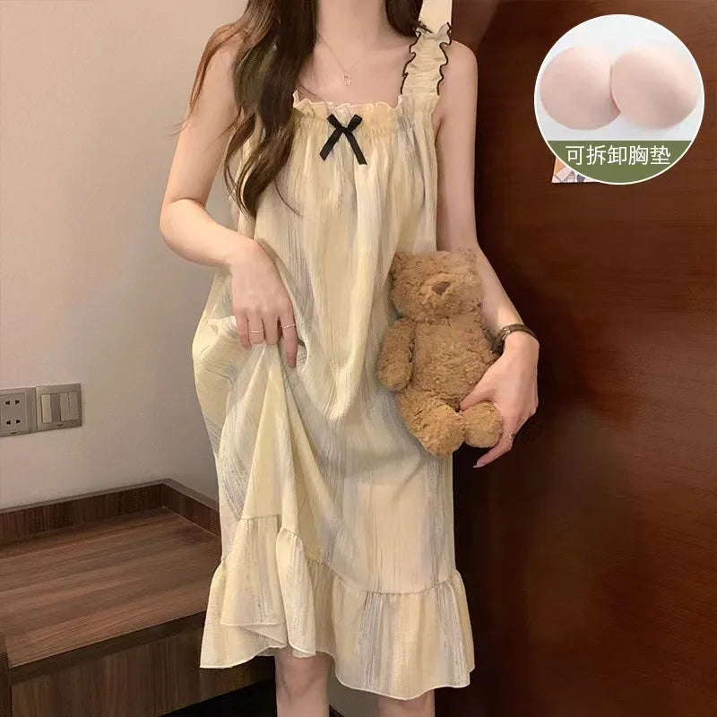 Plus Size Summer Suspender Nightdress with Chest Pad Korean Sleep Dress Loose Pajamas Outerwear Ruffle Thin Cartoon Loungewear