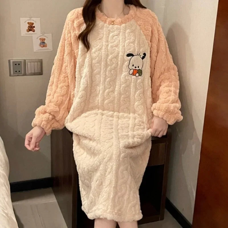 Plus Size Women Winter Nightdress Cartoon Coral Fleece Warm Nightgown Sweet Pajamas Soft Flannel Velvet Home Clothes Sleepdress