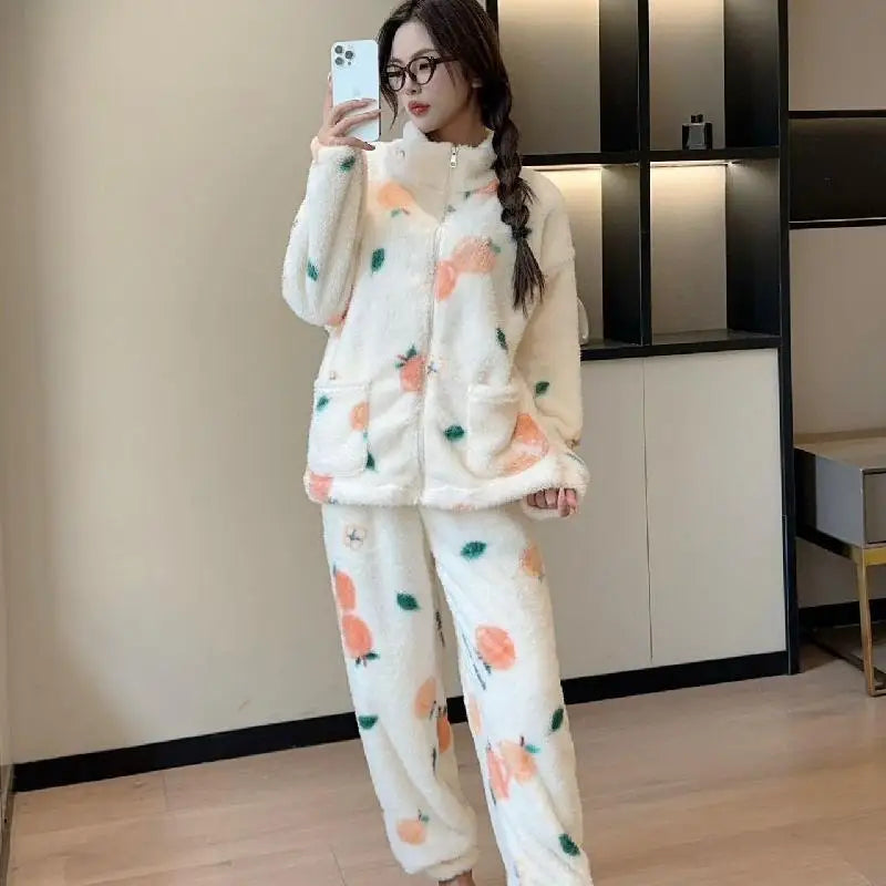 Kawaii Hellokitty Zipper Pajamas Long Sleeve Kuromi Thickened Top Sanrio Girl Sweet Pochacco Pajamas Casual Sports Home Wear Set