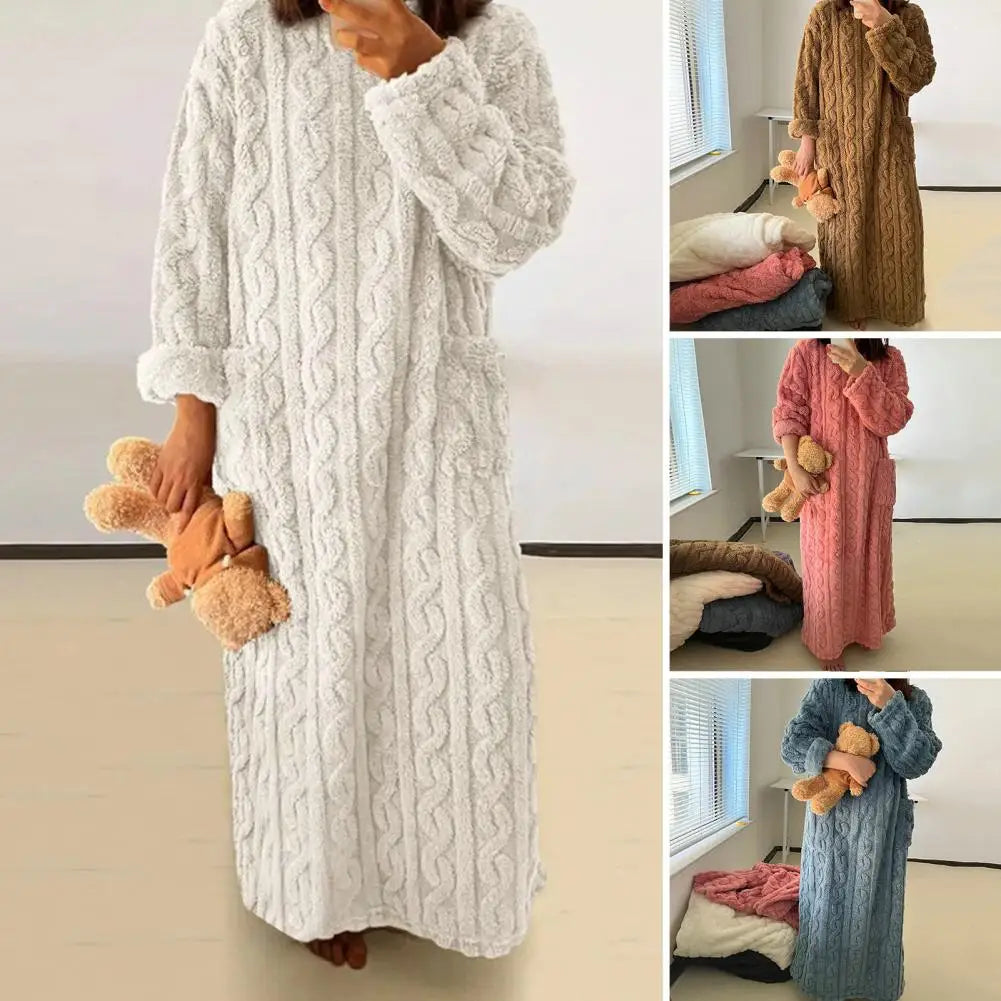 Fall Winter Nightgown Coral Fleece Loose Pajama Dress Twisted Texture Full Length Thermal Homewear Lady Nightdress Sleepwear