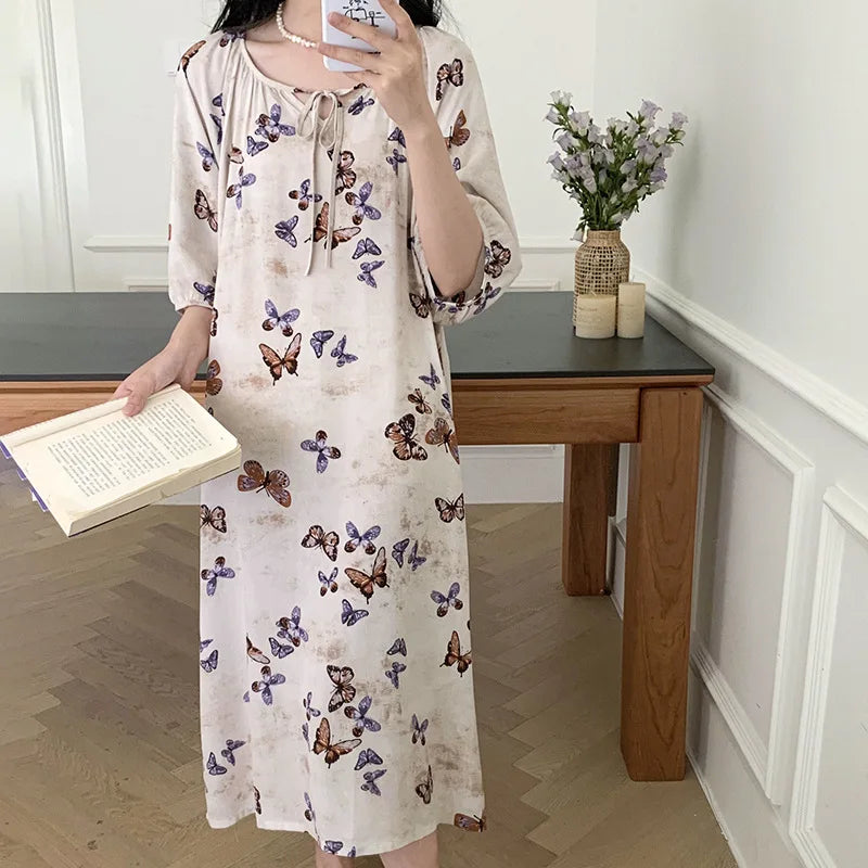 Elegant Summer Mid Sleeve Women's Silky Nightderss Bohemian Beach Vacation Skirt Plus Size Loose Loungewear Nightgowns