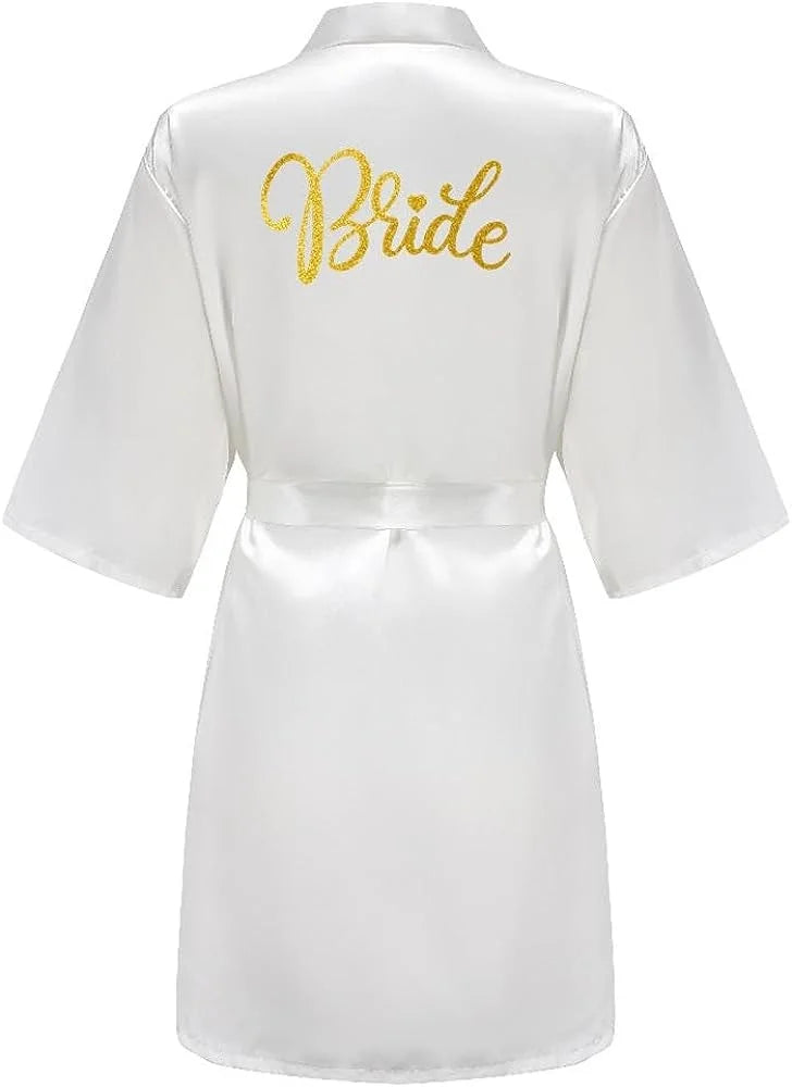 Bride Bridesmaid Wedding Robe Kimono Bathrobe Nightgown Satin Women Nightwear Sleepwear Gold Letter