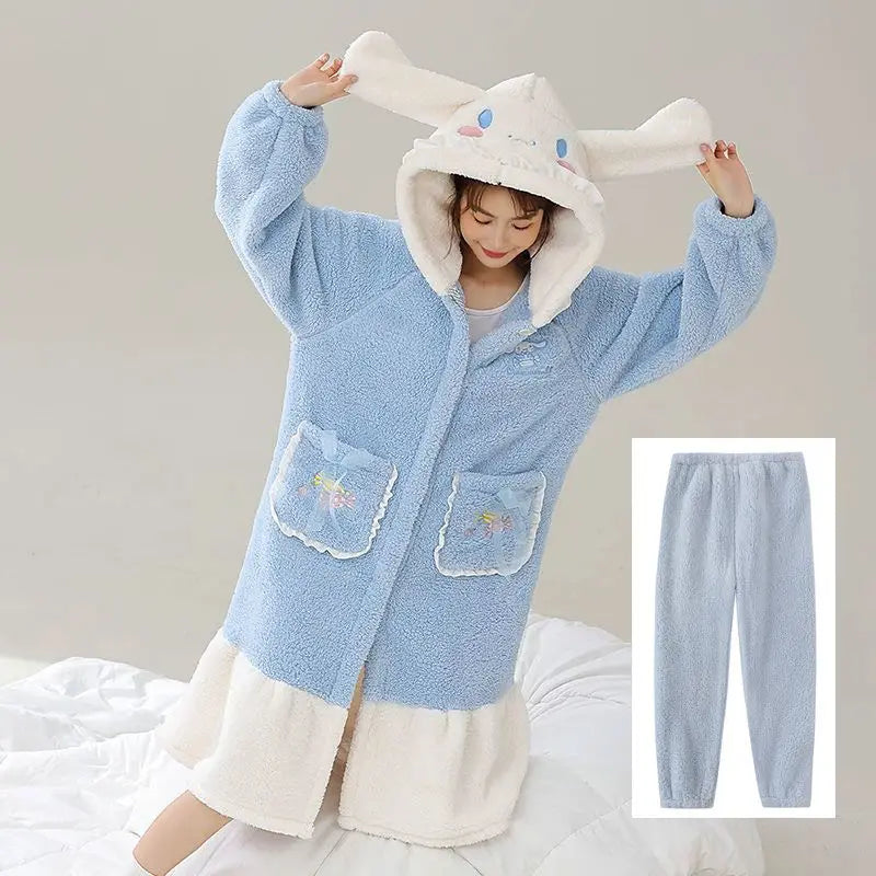 Kawaii Hello Kitty Hooded Pajamas Pajamas Girls Autumn Winter Long-Sleeved Tops Sanrio Thickened Bathrobe Casual Home Wear Set