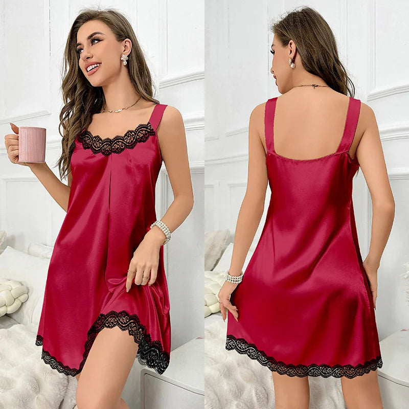 Lady Ice Silk Rayon Sleepwear Dress Summer Backless Lace Women Sleeveless Waist-cinching Thin Nightdress Home wear